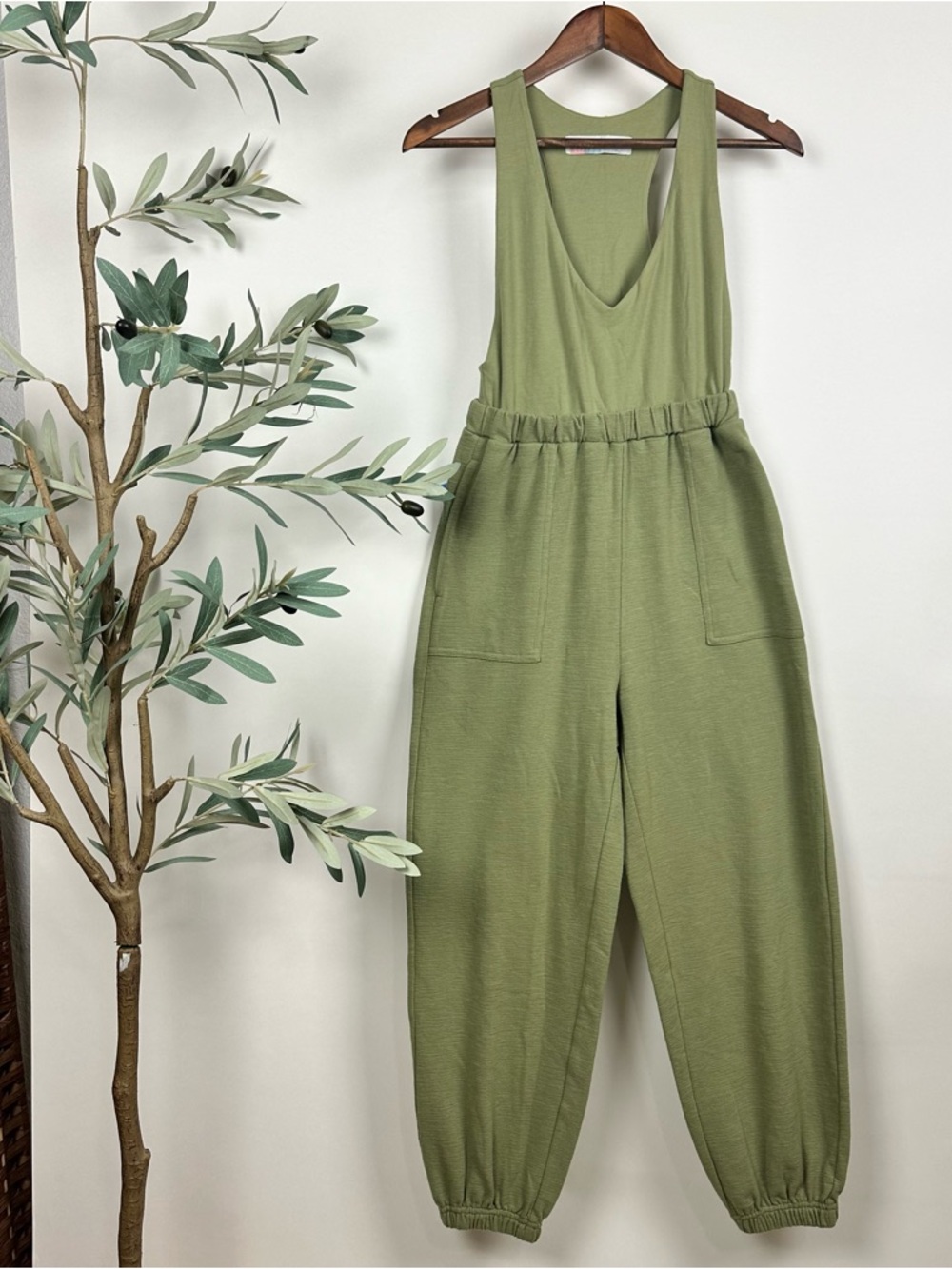 Free People Beach Olive Green Jumpsuit Boho Relaxed Kyle One Piece Summer Romper - Picture 3 of 13